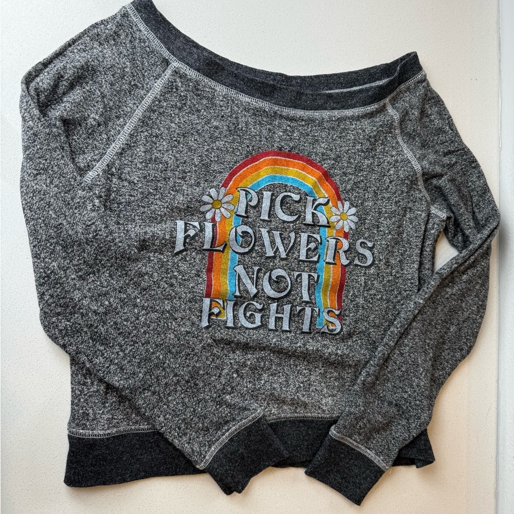 Charcoal Off-Shoulder Sweatshirt with Rainbow Graphic